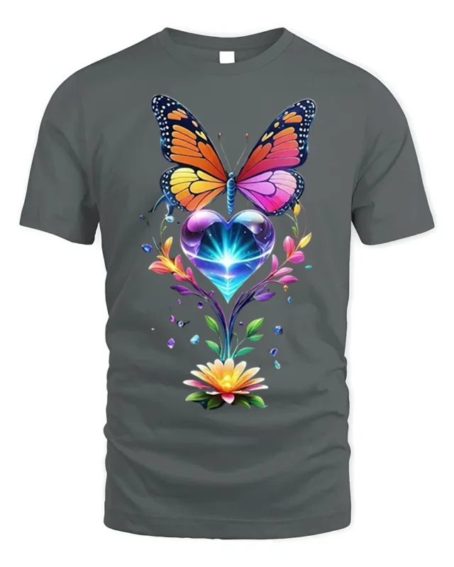 Colorful Butterfly and Heart Flower T-Shirt - gray t-shirt on white background