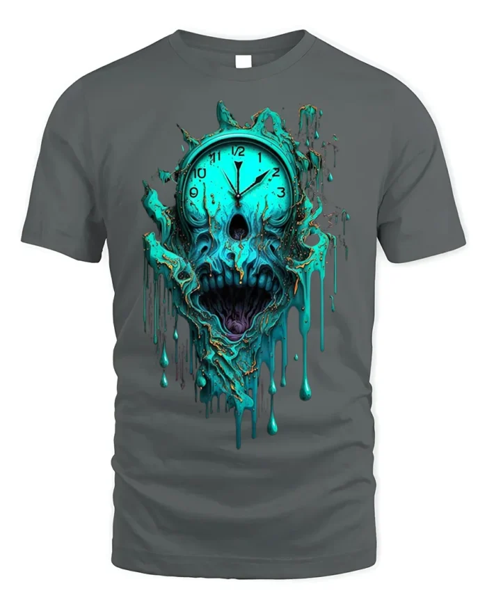 Melting Skull Clock Horror T-Shirt for Dark Aesthetic Fans - gray t-shirt on white background