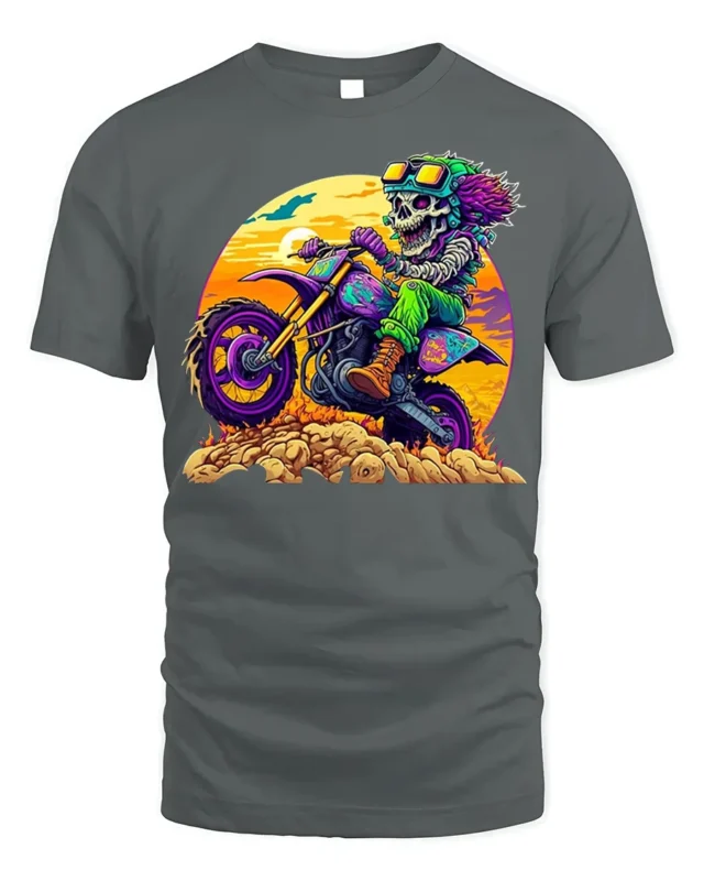 Crazy Skeleton Biker T-Shirt with Sunset Dirt Ride Art - gray t-shirt on white background