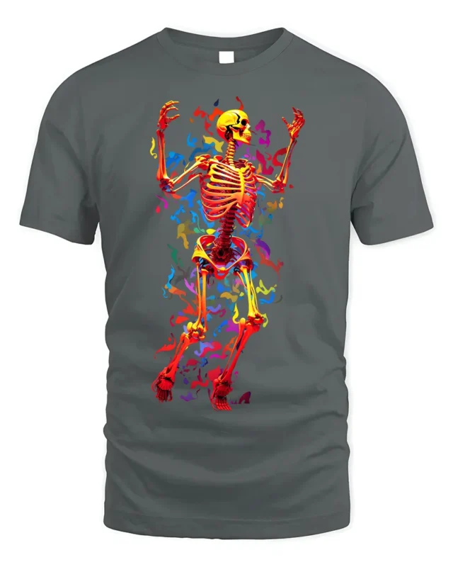 Neon Dancing Skeleton T-Shirt with Colorful Flame Art - gray t-shirt on white background