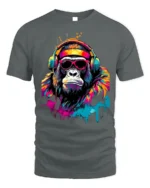 Funky Gorilla Headphones T-Shirt with Neon Graffiti Style - gray t-shirt on white background