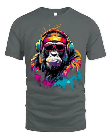 Funky Gorilla Headphones T-Shirt with Neon Graffiti Style - gray t-shirt on white background