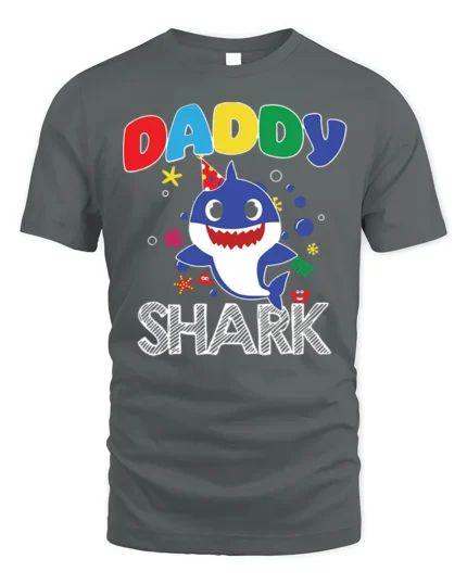 Daddy Shark Birthday T-Shirt for Family Party Fun - gray t-shirt on white background