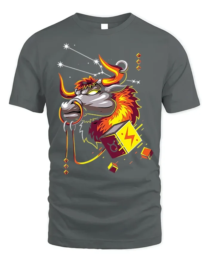 Taurus Bull Zodiac T-Shirt with Electric Cosmic Vibes - gray t-shirt on white background