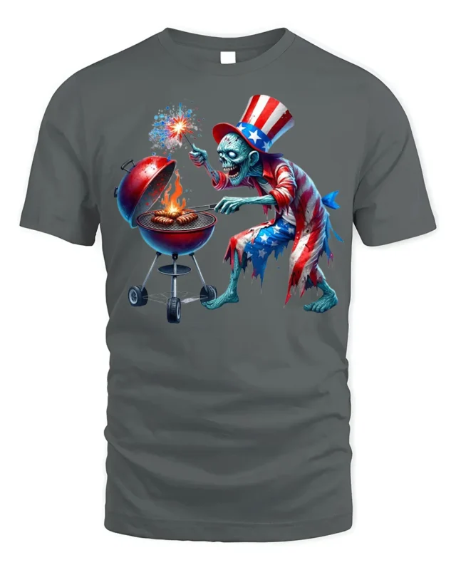 Zombie Uncle Sam BBQ T-Shirt 4th of July Horror Style - gray t-shirt on white background
