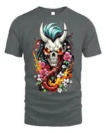 Flaming Oni Skull T-Shirt Floral Demon Samurai Art - gray t-shirt on white background