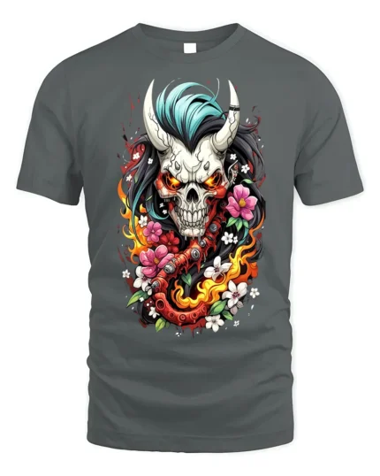 Flaming Oni Skull T-Shirt Floral Demon Samurai Art - gray t-shirt on white background