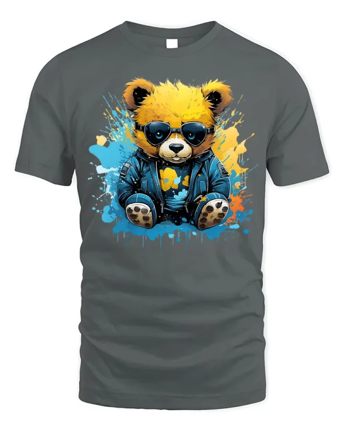 Cool Teddy Bear T-Shirt with Shades and Graffiti Splash - gray t-shirt on white background