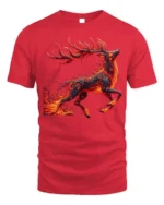 Fire Spirit Deer Graphic T-Shirt Fantasy Flame Art - red t-shirt on white background