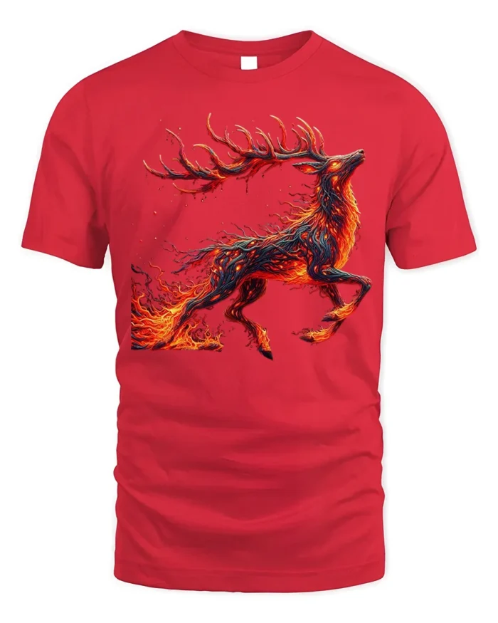 Fire Spirit Deer Graphic T-Shirt Fantasy Flame Art - red t-shirt on white background