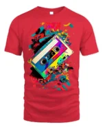 Retro Cassette Tape T-Shirt with Colorful Splash Art - red t-shirt on white background