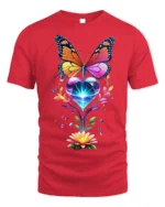Colorful Butterfly and Heart Flower T-Shirt - red t-shirt on white background