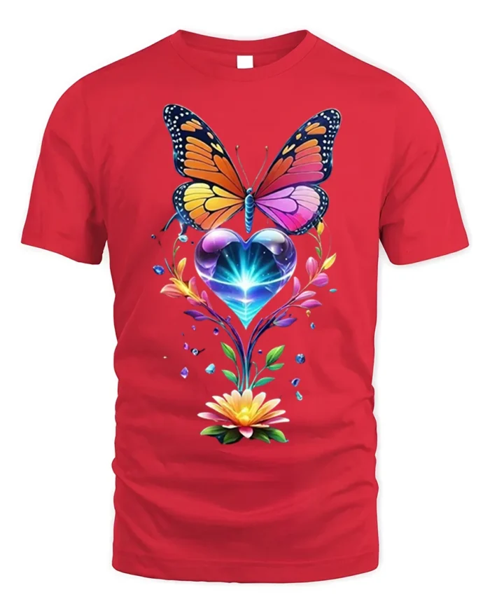 Colorful Butterfly and Heart Flower T-Shirt - red t-shirt on white background