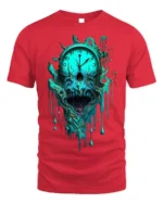 Melting Skull Clock Horror T-Shirt for Dark Aesthetic Fans - red t-shirt on white background