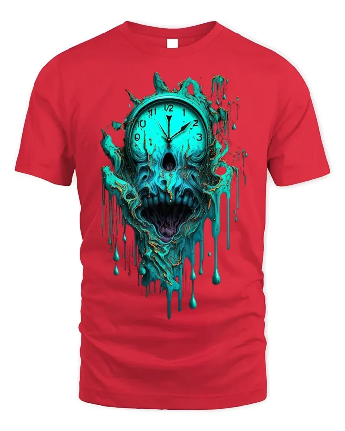Melting Skull Clock Horror T-Shirt for Dark Aesthetic Fans - red t-shirt on white background