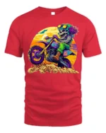 Crazy Skeleton Biker T-Shirt with Sunset Dirt Ride Art - red t-shirt on white background