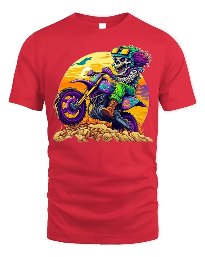 Crazy Skeleton Biker T-Shirt with Sunset Dirt Ride Art - red t-shirt on white background