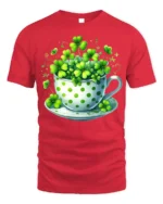 Lucky Shamrock Cup T-Shirt for St. Patrick’s Day Cheer - red t-shirt on white background