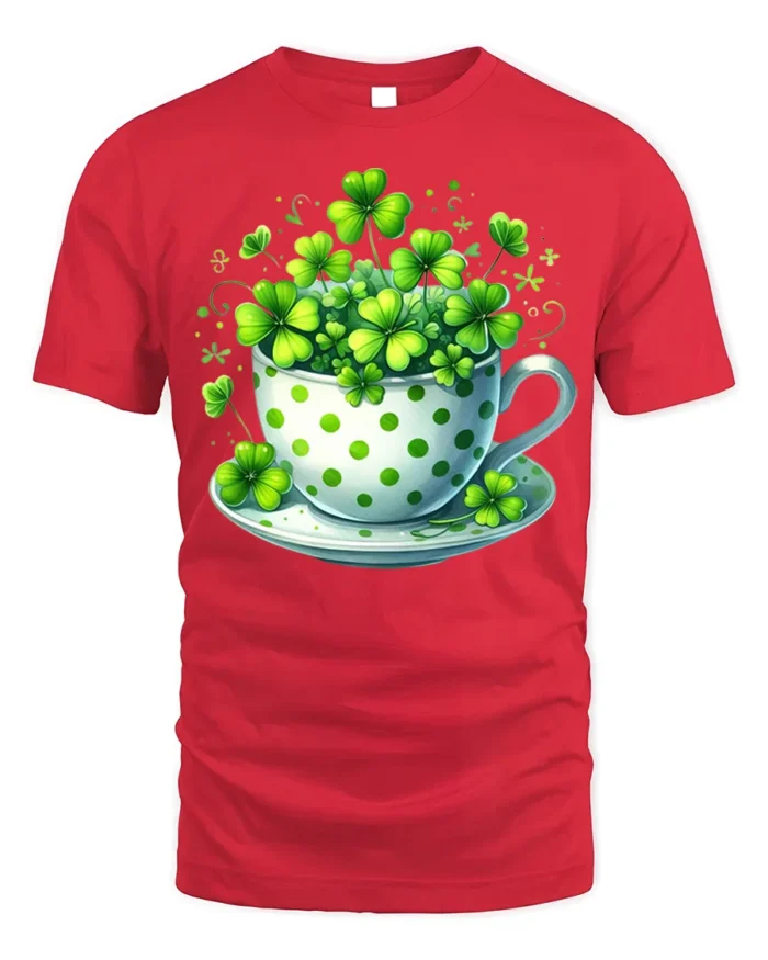 Lucky Shamrock Cup T-Shirt for St. Patrick’s Day Cheer - red t-shirt on white background