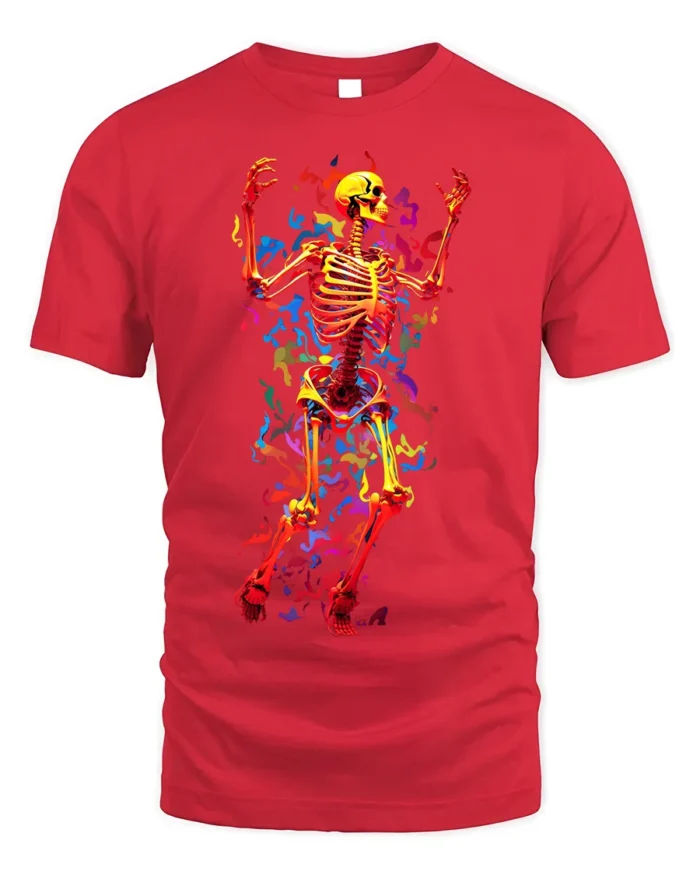 Neon Dancing Skeleton T-Shirt with Colorful Flame Art - red t-shirt on white background