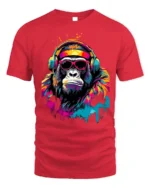 Funky Gorilla Headphones T-Shirt with Neon Graffiti Style - red t-shirt on white background