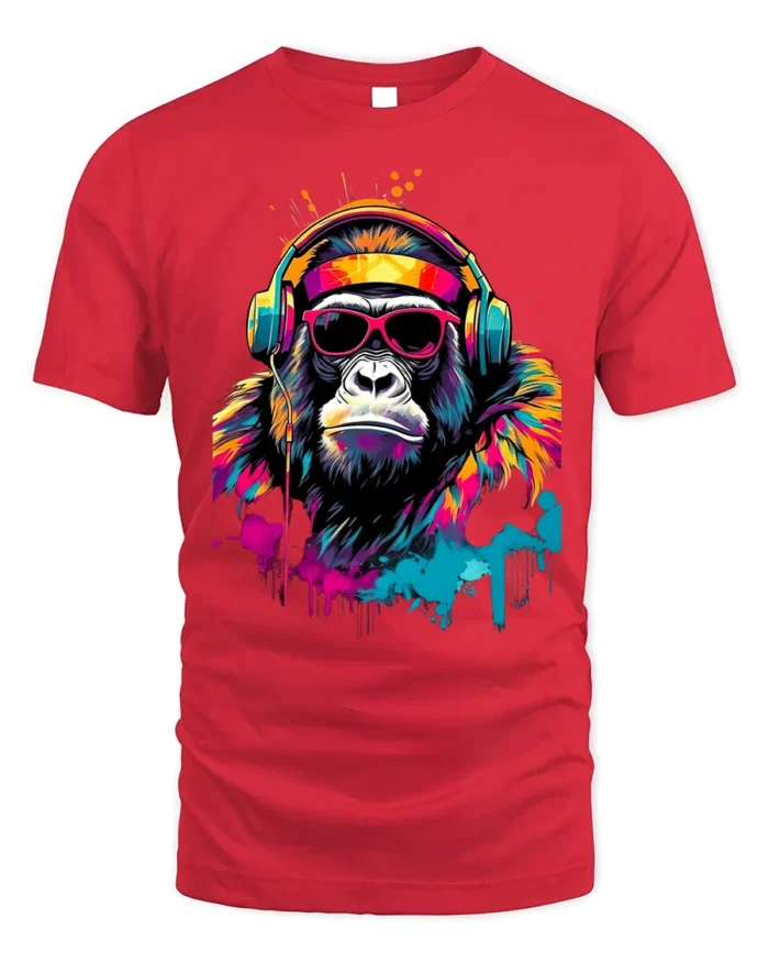 Funky Gorilla Headphones T-Shirt with Neon Graffiti Style - red t-shirt on white background