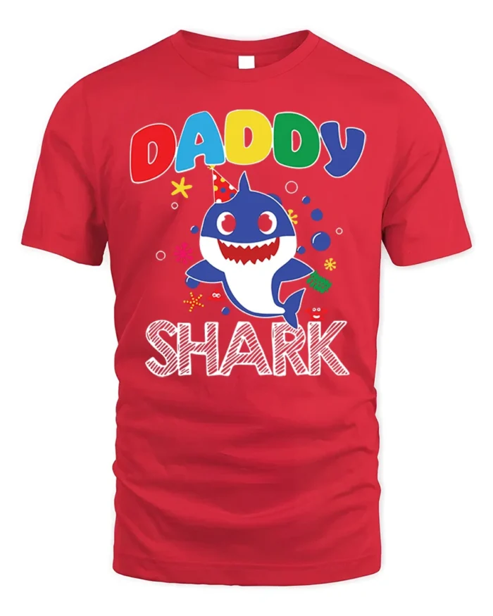 Daddy Shark Birthday T-Shirt for Family Party Fun - red t-shirt on white background
