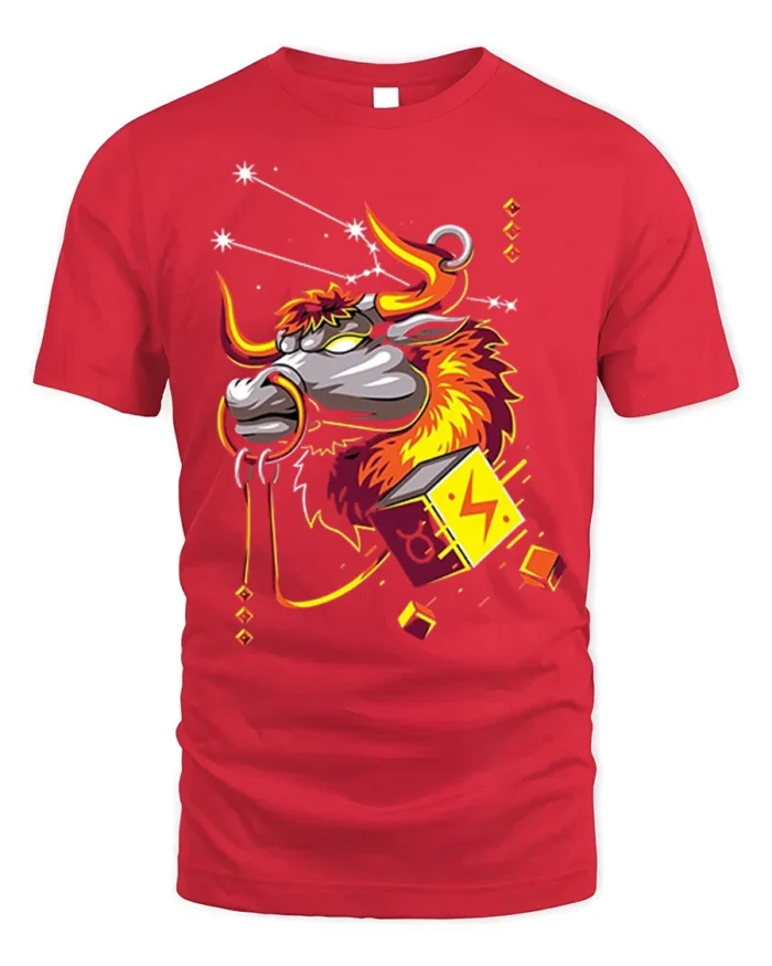 Taurus Bull Zodiac T-Shirt with Electric Cosmic Vibes - red t-shirt on white background