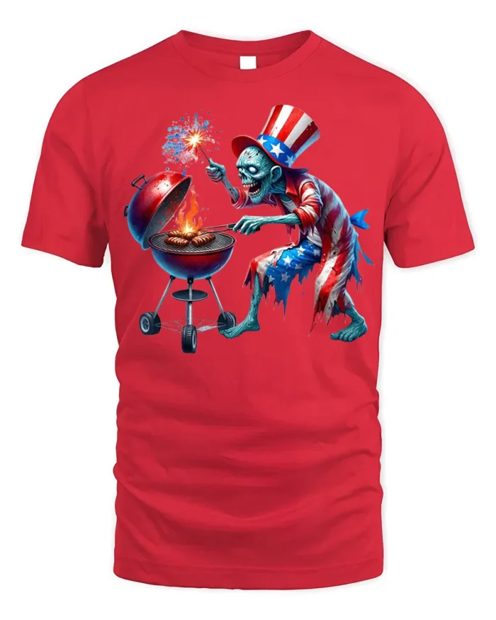 Zombie Uncle Sam BBQ T-Shirt 4th of July Horror Style - red t-shirt on white background