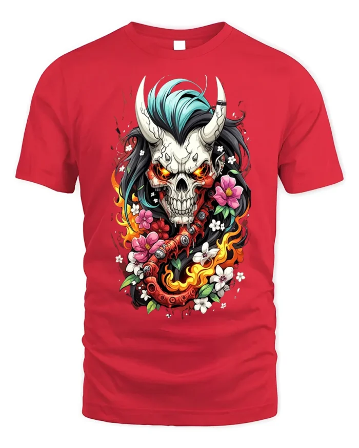 Flaming Oni Skull T-Shirt Floral Demon Samurai Art - red t-shirt on white background