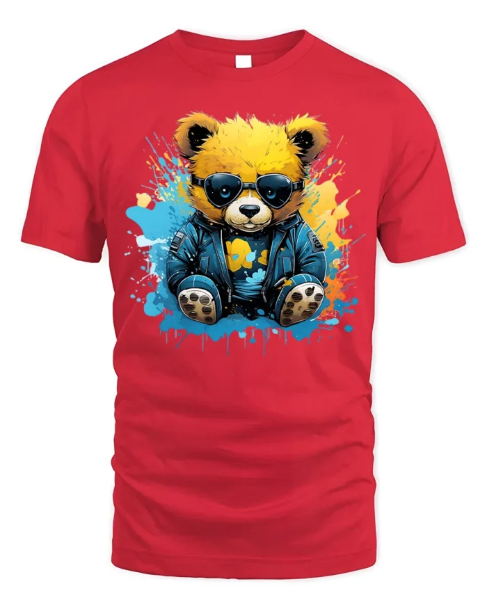 Cool Teddy Bear T-Shirt with Shades and Graffiti Splash - red t-shirt on white background