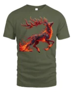 Fire Spirit Deer Graphic T-Shirt Fantasy Flame Art - military green t-shirt on white background