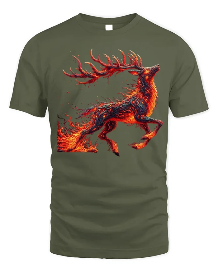 Fire Spirit Deer Graphic T-Shirt Fantasy Flame Art - military green t-shirt on white background
