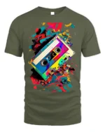 Retro Cassette Tape T-Shirt with Colorful Splash Art - military green t-shirt on white background