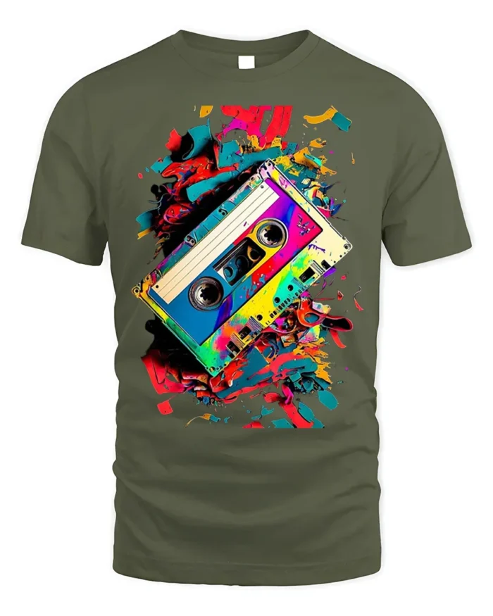Retro Cassette Tape T-Shirt with Colorful Splash Art - military green t-shirt on white background
