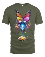 Colorful Butterfly and Heart Flower T-Shirt - military green t-shirt on white background