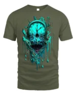 Melting Skull Clock Horror T-Shirt for Dark Aesthetic Fans - military green t-shirt on white background