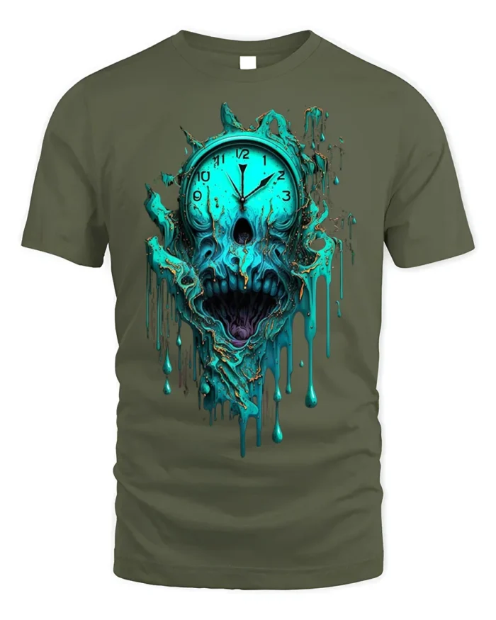 Melting Skull Clock Horror T-Shirt for Dark Aesthetic Fans - military green t-shirt on white background