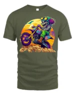 Crazy Skeleton Biker T-Shirt with Sunset Dirt Ride Art - military green t-shirt on white background