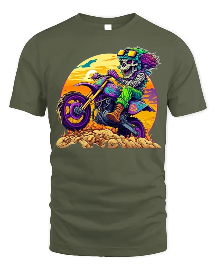 Crazy Skeleton Biker T-Shirt with Sunset Dirt Ride Art - military green t-shirt on white background