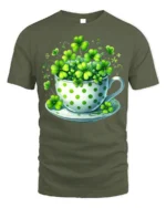 Lucky Shamrock Cup T-Shirt for St. Patrick’s Day Cheer - military green t-shirt on white background