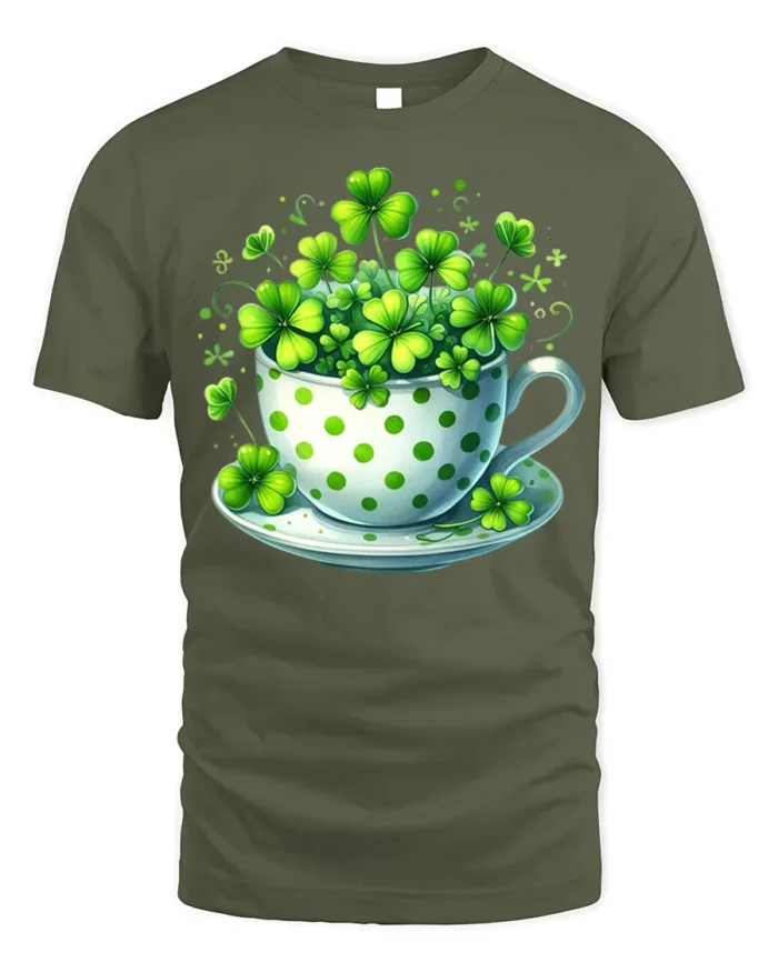 Lucky Shamrock Cup T-Shirt for St. Patrick’s Day Cheer - military green t-shirt on white background