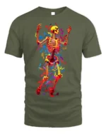 Neon Dancing Skeleton T-Shirt with Colorful Flame Art - military green t-shirt on white background
