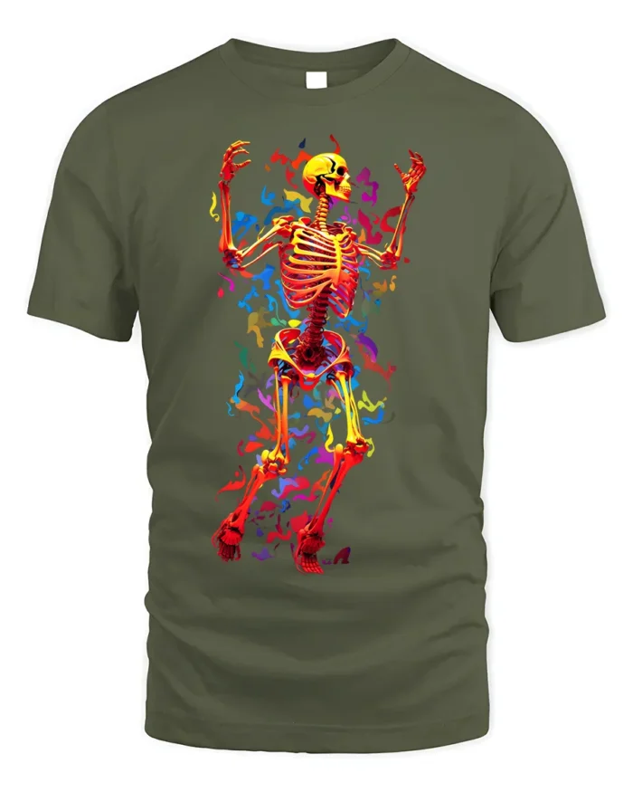 Neon Dancing Skeleton T-Shirt with Colorful Flame Art - military green t-shirt on white background