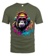 Funky Gorilla Headphones T-Shirt with Neon Graffiti Style - military green t-shirt on white background