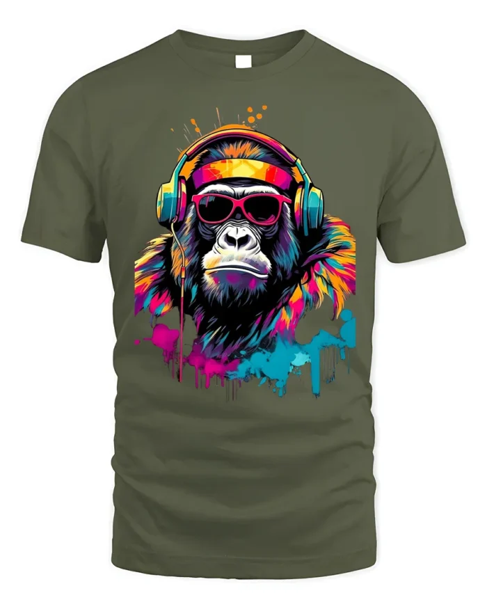Funky Gorilla Headphones T-Shirt with Neon Graffiti Style - military green t-shirt on white background