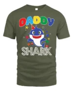 Daddy Shark Birthday T-Shirt for Family Party Fun - military green t-shirt on white background
