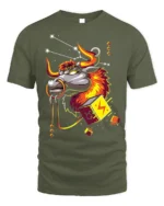 Taurus Bull Zodiac T-Shirt with Electric Cosmic Vibes - military green t-shirt on white background