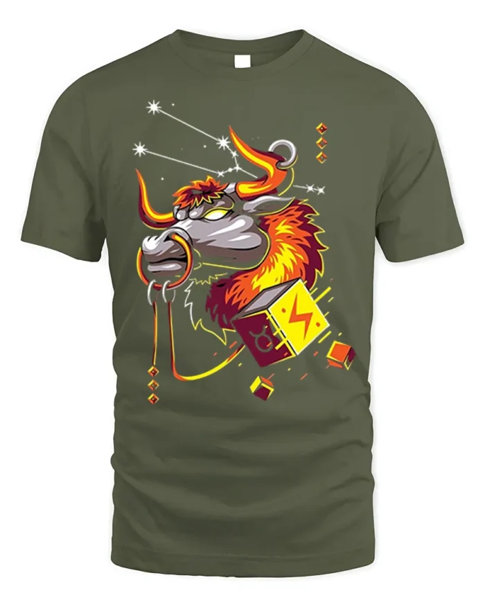 Taurus Bull Zodiac T-Shirt with Electric Cosmic Vibes - military green t-shirt on white background