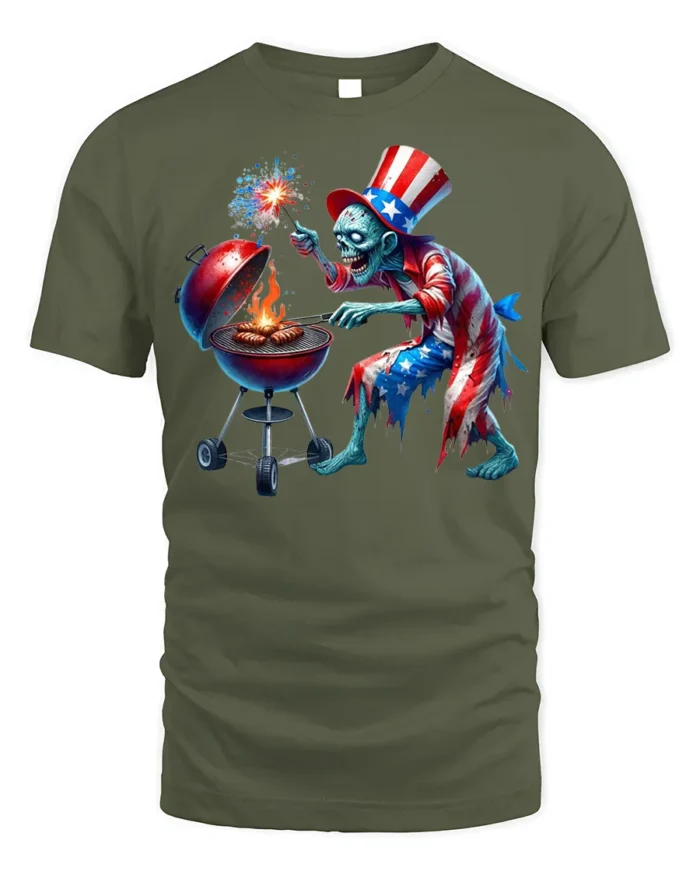 Zombie Uncle Sam BBQ T-Shirt 4th of July Horror Style - military green t-shirt on white background